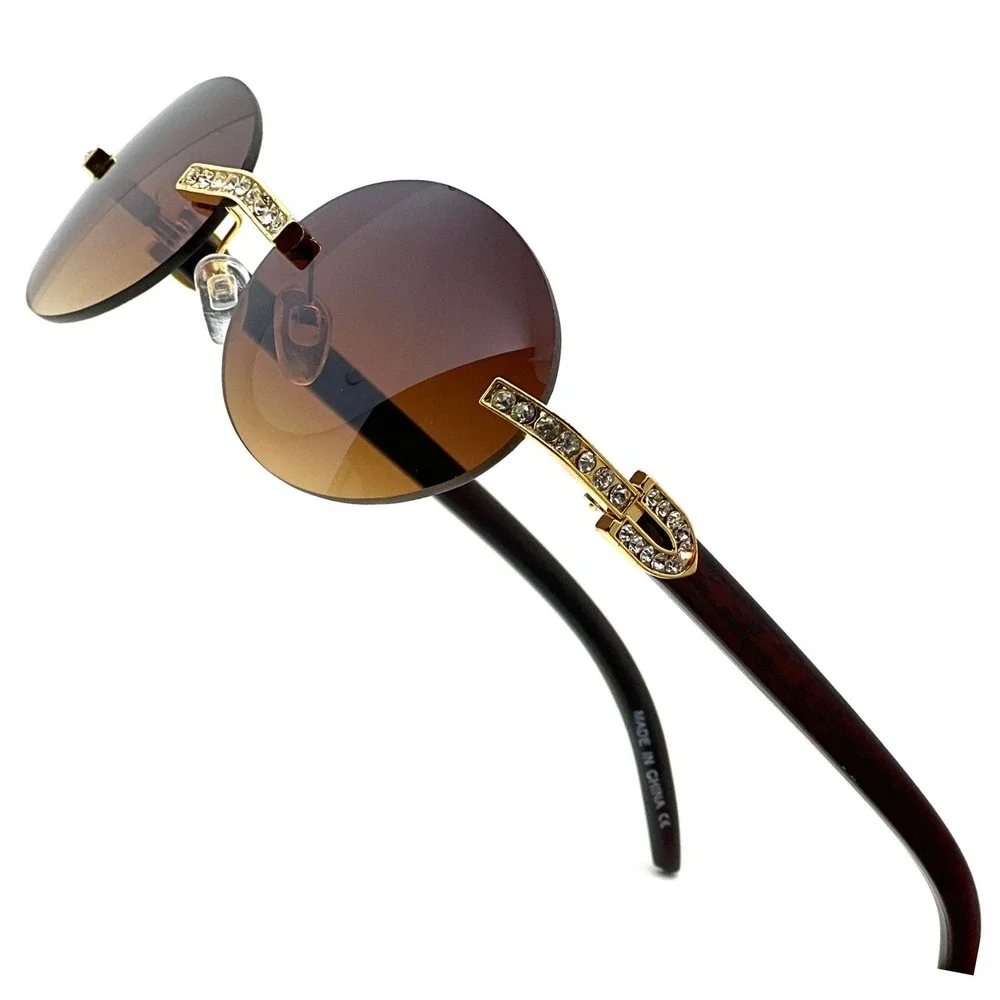 Rimless Sunglasses Oval Lens Wood Grain Frame Rhinestone Accents‎ Men Gafas 2026